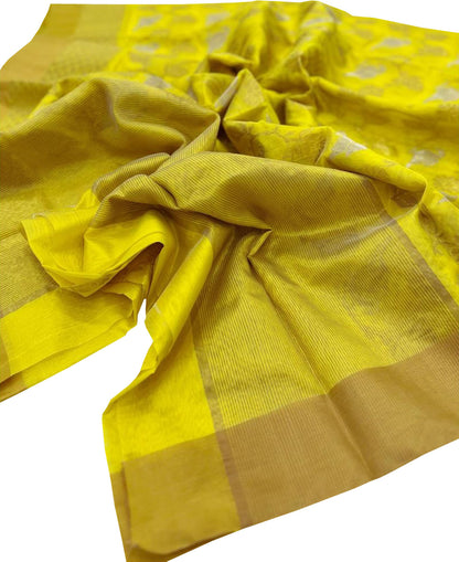 Yellow Chanderi Handloom Pure Silk Bird And Flower Design Saree - Luxurion World