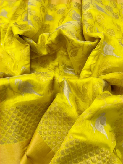 Yellow Chanderi Handloom Pure Silk Bird And Flower Design Saree - Luxurion World