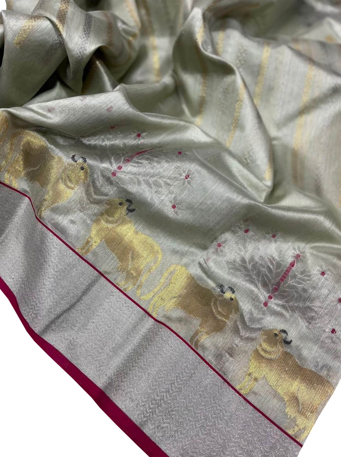 Grey Chanderi Handloom Pure Silk Cow Design Saree - Luxurion World