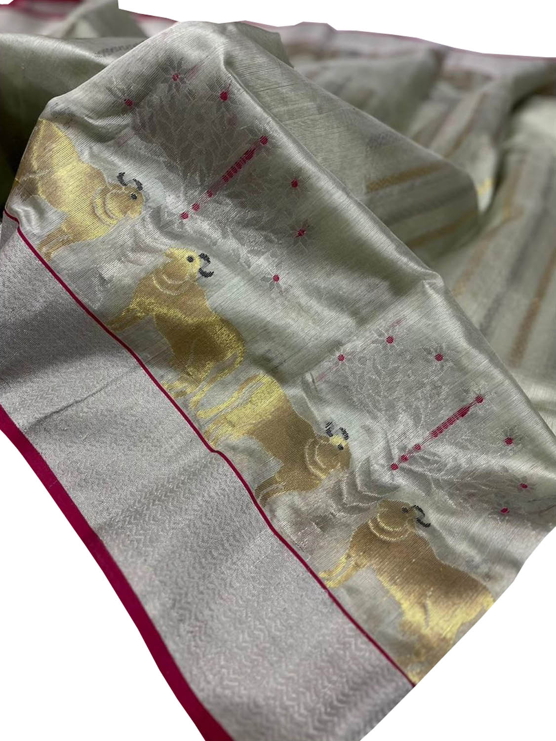 Grey Chanderi Handloom Pure Silk Cow Design Saree - Luxurion World