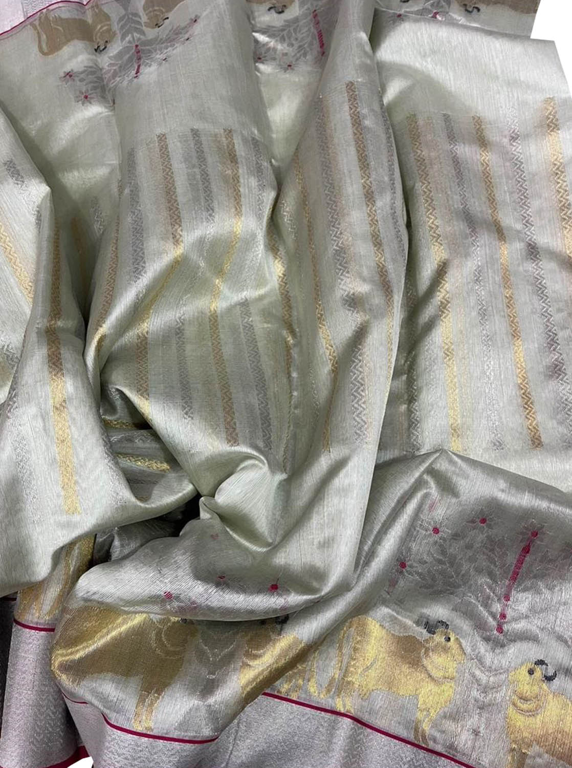 Grey Chanderi Handloom Pure Silk Cow Design Saree - Luxurion World