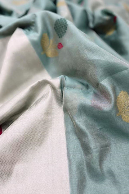 Blue Chanderi Handloom Pure Tissue Silk Flower Design Saree - Luxurion World
