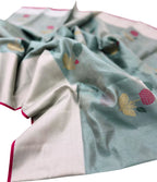 Blue Chanderi Handloom Pure Tissue Silk Flower Design Saree - Luxurion World