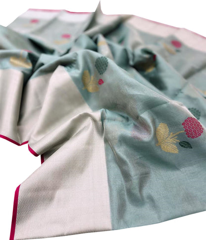 Blue Chanderi Handloom Pure Tissue Silk Flower Design Saree - Luxurion World