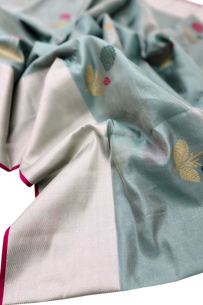 Blue Chanderi Handloom Pure Tissue Silk Flower Design Saree - Luxurion World