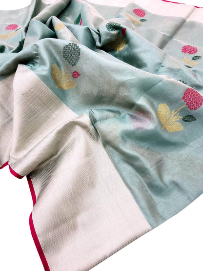 Blue Chanderi Handloom Pure Tissue Silk Flower Design Saree - Luxurion World