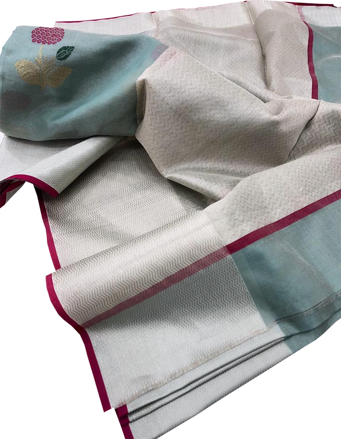 Blue Chanderi Handloom Pure Tissue Silk Flower Design Saree - Luxurion World