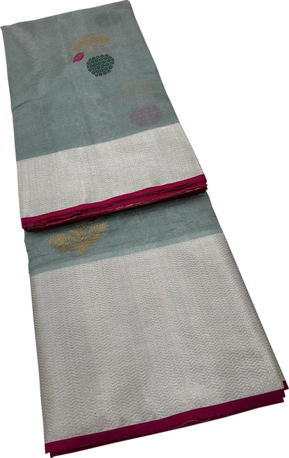 Blue Chanderi Handloom Pure Tissue Silk Flower Design Saree - Luxurion World