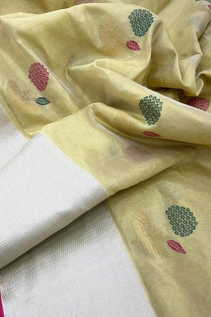 Yellow Chanderi Handloom Pure Tissue Silk Saree - Luxurion World