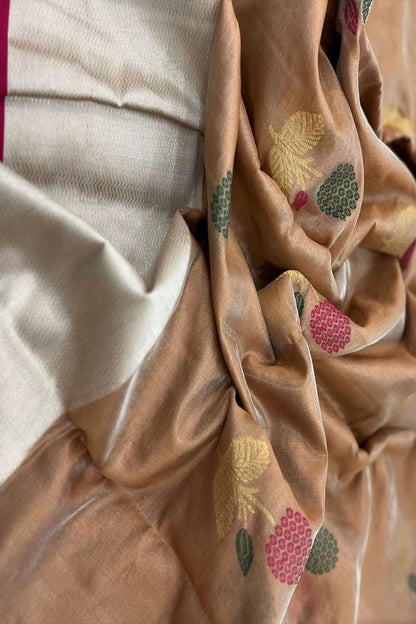 Elegant Brown Chanderi Handloom Pure Tissue Silk Saree - Luxurion World