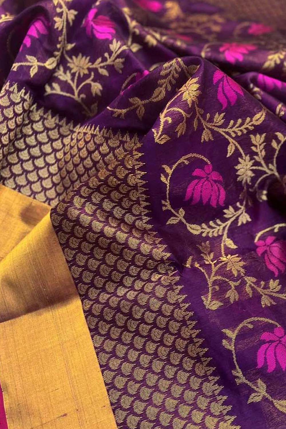 Purple Chanderi Handloom Pure Silk Flower Design Saree - Luxurion World