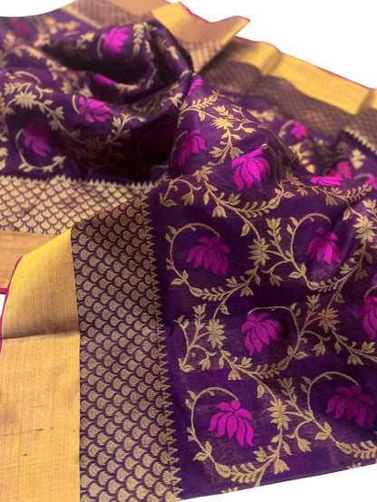 Purple Chanderi Handloom Pure Silk Flower Design Saree - Luxurion World