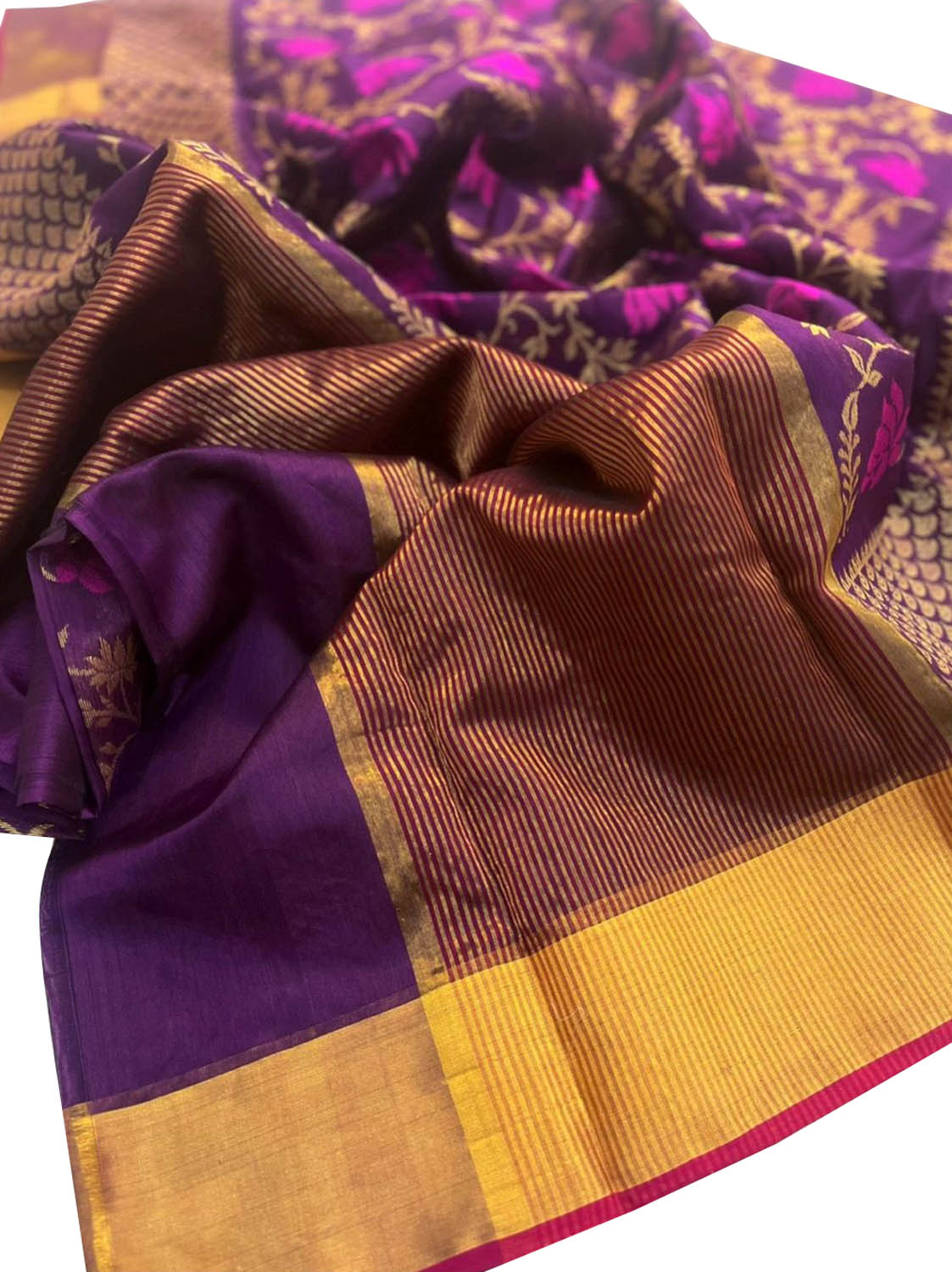 Purple Chanderi Handloom Pure Silk Flower Design Saree - Luxurion World