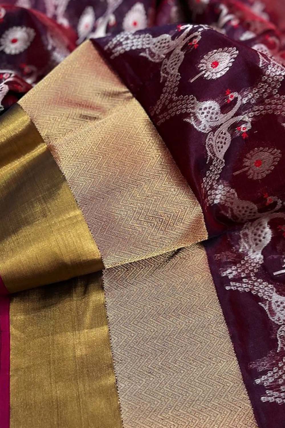 Maroon Chanderi Handloom Pure Silk Peacock Design Saree - Luxurion World