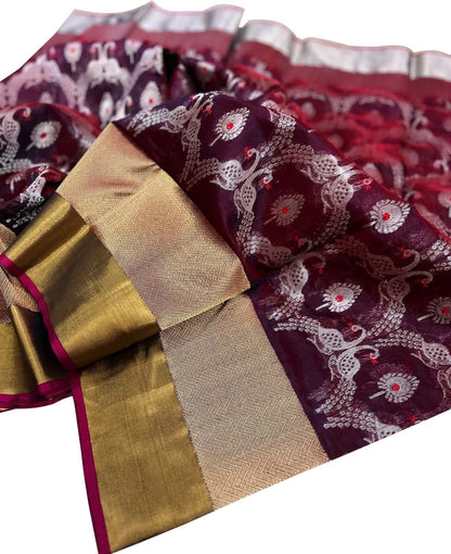 Maroon Chanderi Handloom Pure Silk Peacock Design Saree - Luxurion World