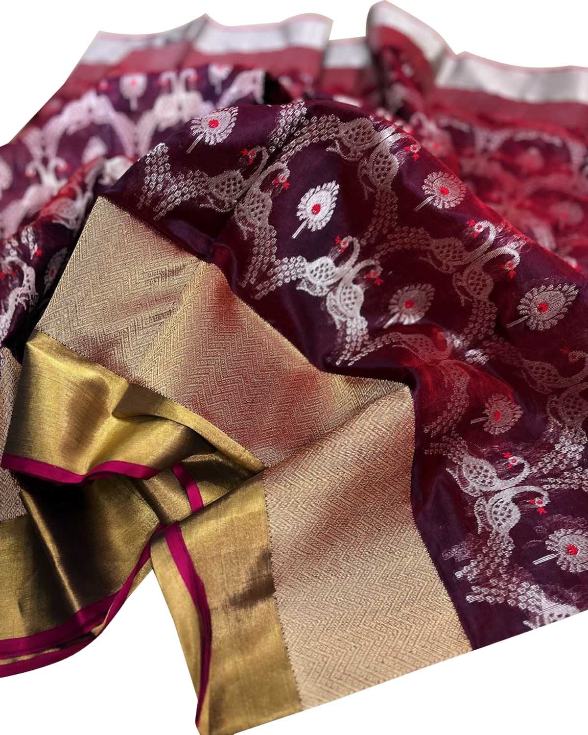 Maroon Chanderi Handloom Pure Silk Peacock Design Saree - Luxurion World