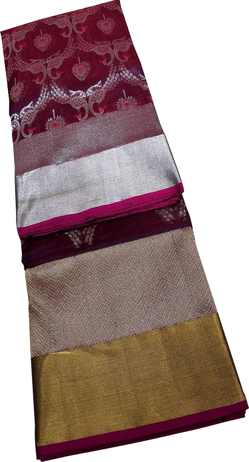 Maroon Chanderi Handloom Pure Silk Peacock Design Saree - Luxurion World