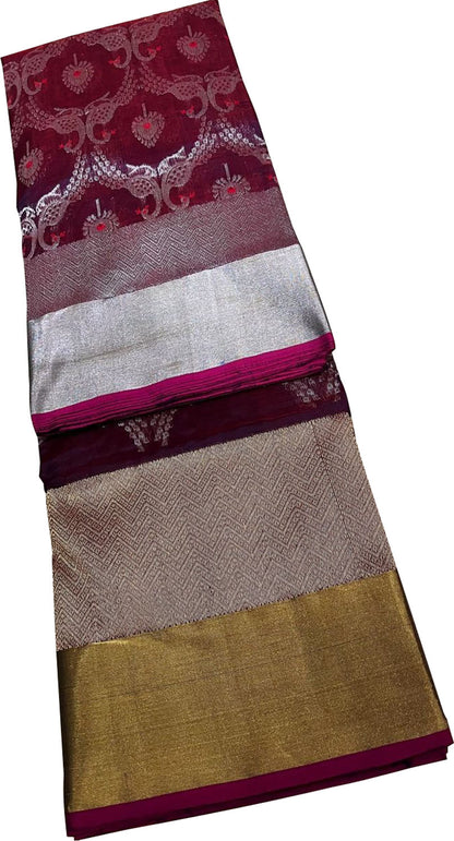 Maroon Chanderi Handloom Pure Silk Peacock Design Saree - Luxurion World