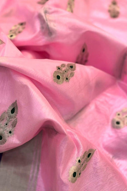 Pink Chanderi Handloom Pure Silk Flower Design Meenakari Saree - Luxurion World