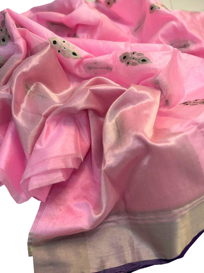 Pink Chanderi Handloom Pure Silk Flower Design Meenakari Saree - Luxurion World
