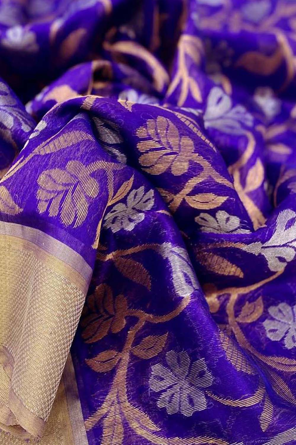 Exquisite Purple Chanderi Handloom Pure Silk Flower Design Saree - Luxurion World