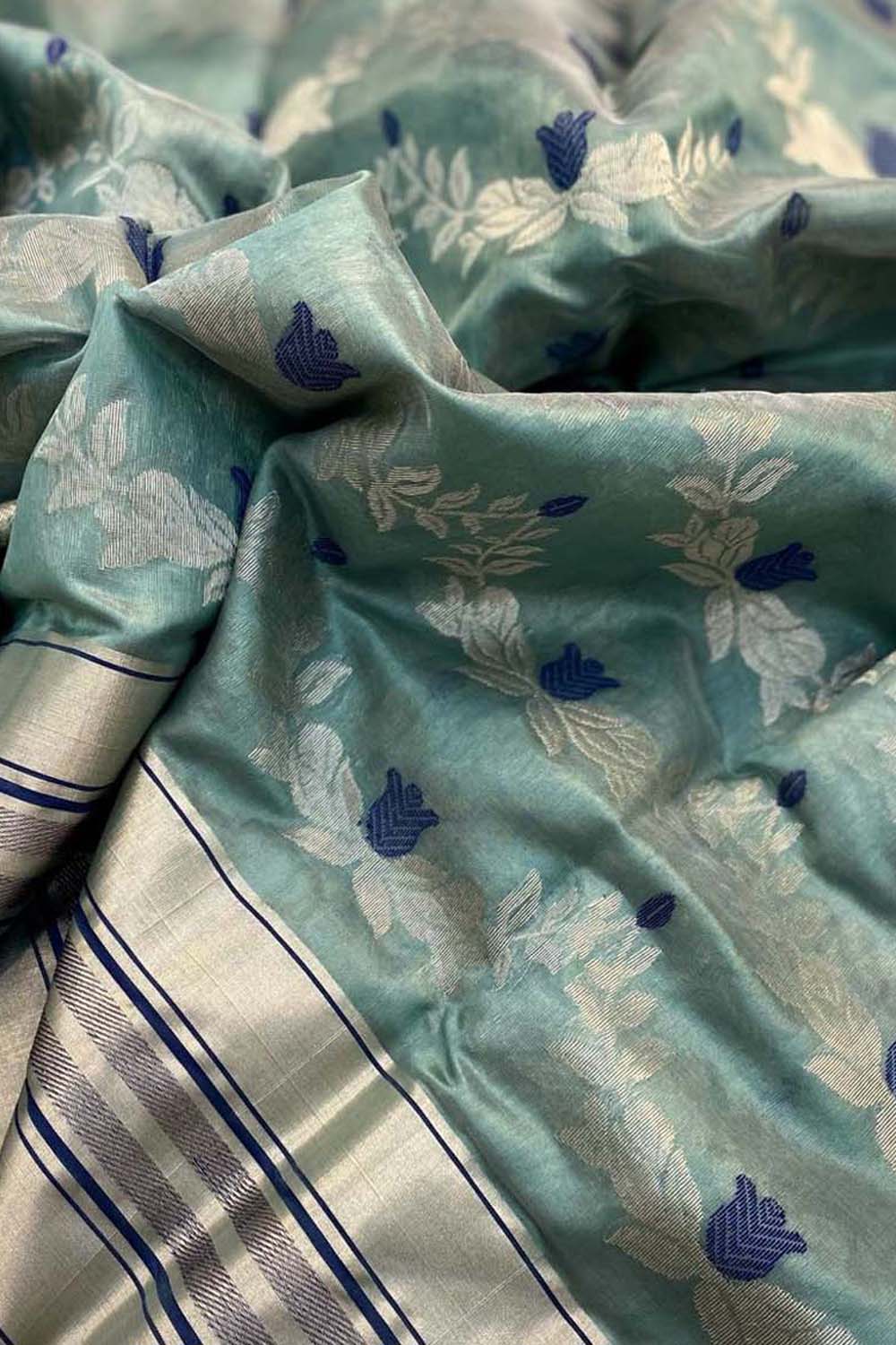 Blue Chanderi Handloom Pure Silk Flower Design Saree - Luxurion World
