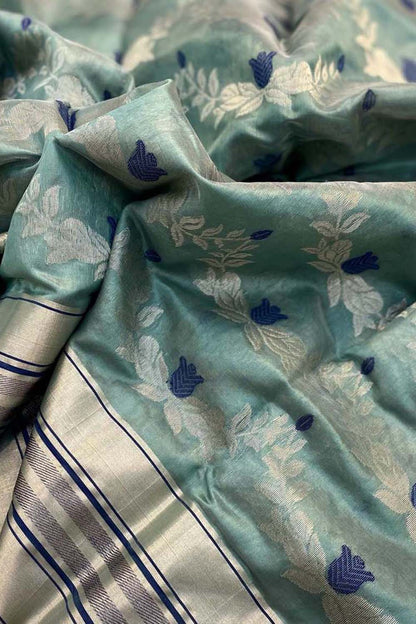 Blue Chanderi Handloom Pure Silk Flower Design Saree - Luxurion World