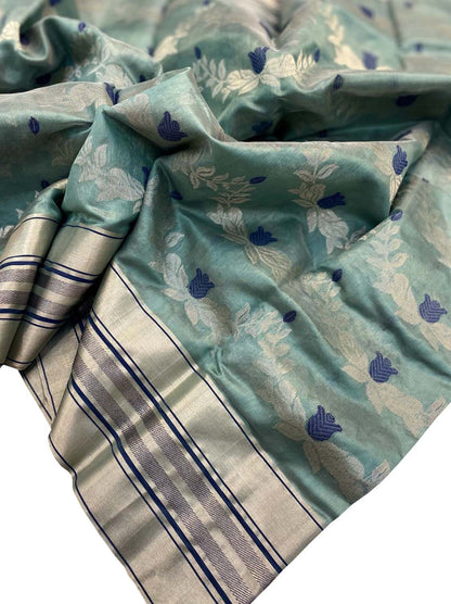 Blue Chanderi Handloom Pure Silk Flower Design Saree - Luxurion World
