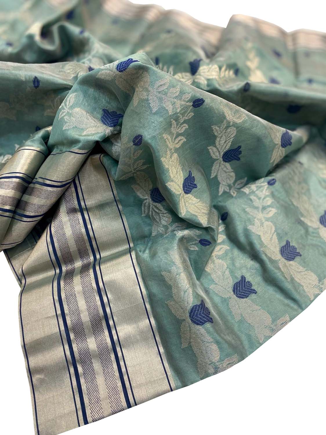 Blue Chanderi Handloom Pure Silk Flower Design Saree - Luxurion World