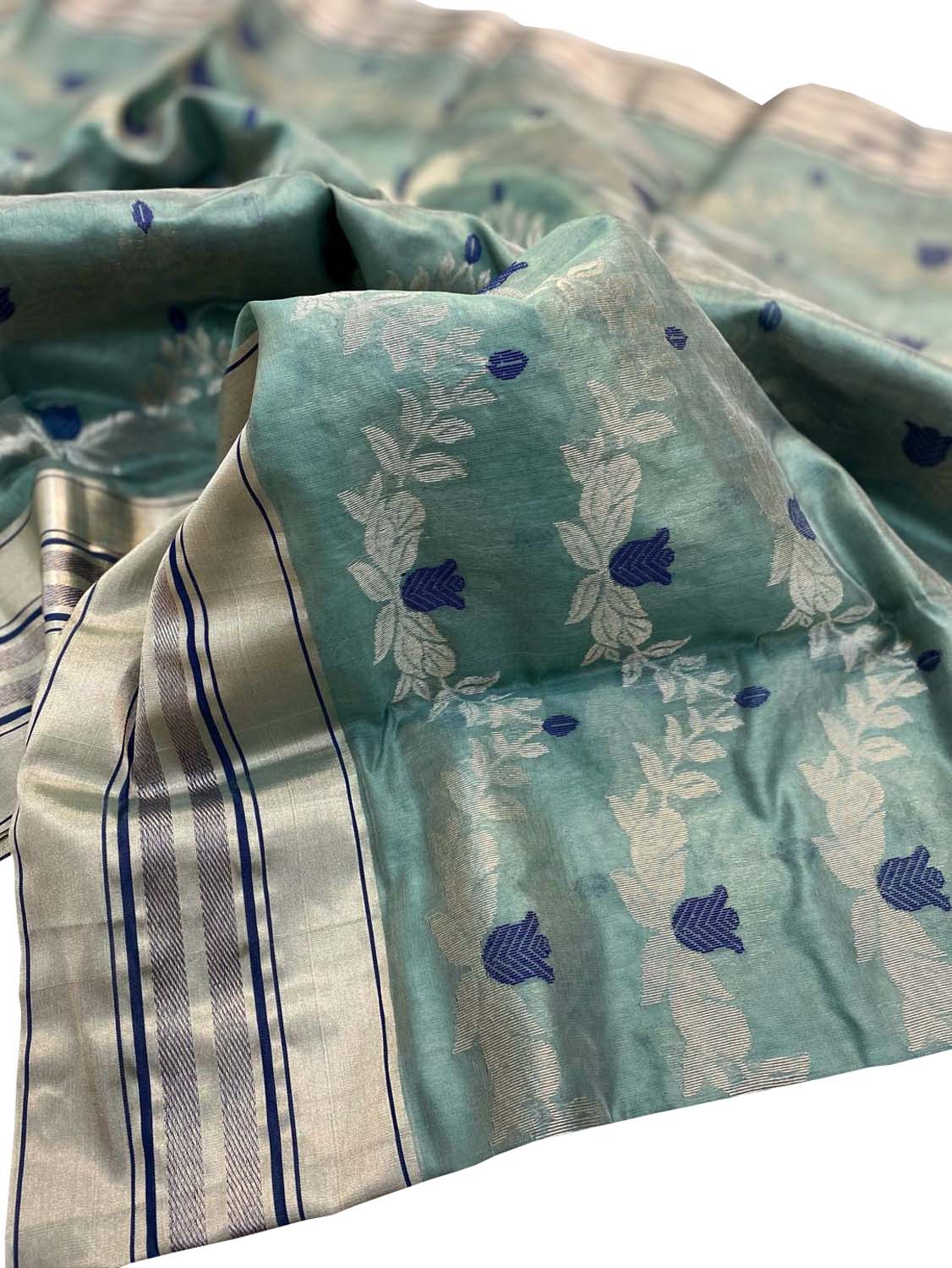 Blue Chanderi Handloom Pure Silk Flower Design Saree - Luxurion World
