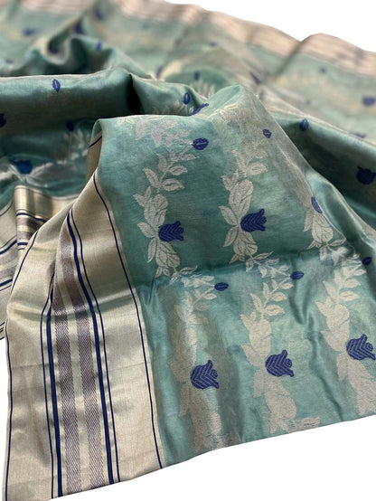 Blue Chanderi Handloom Pure Silk Flower Design Saree - Luxurion World