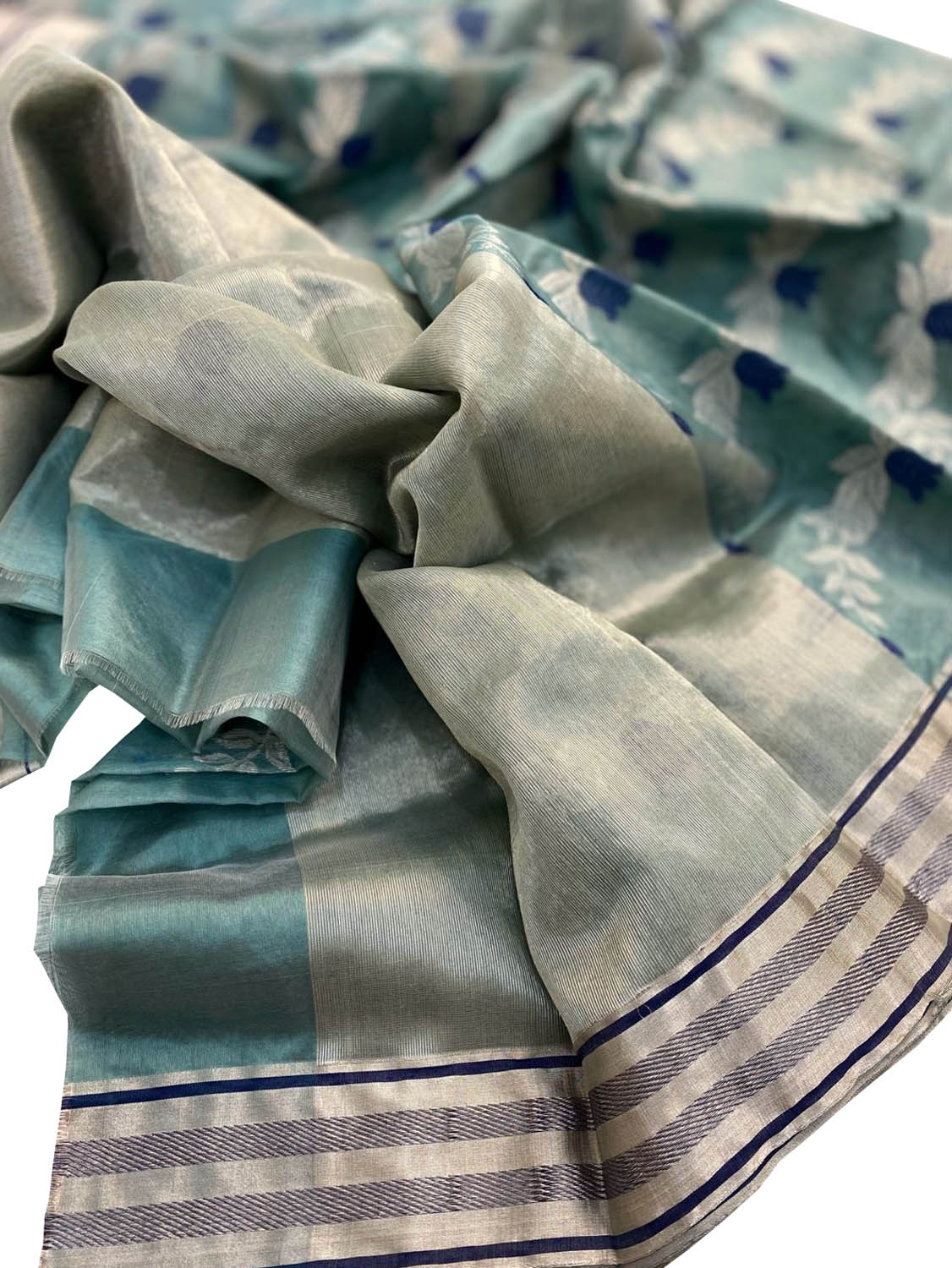 Blue Chanderi Handloom Pure Silk Flower Design Saree - Luxurion World