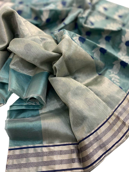 Blue Chanderi Handloom Pure Silk Flower Design Saree - Luxurion World