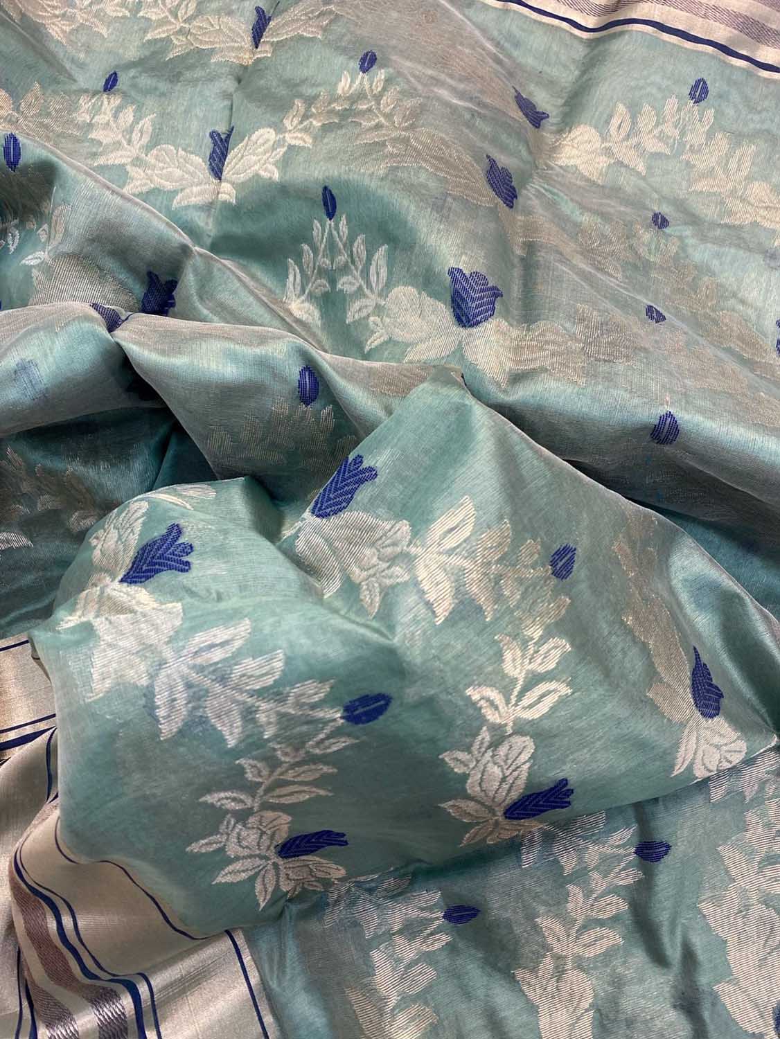 Blue Chanderi Handloom Pure Silk Flower Design Saree - Luxurion World
