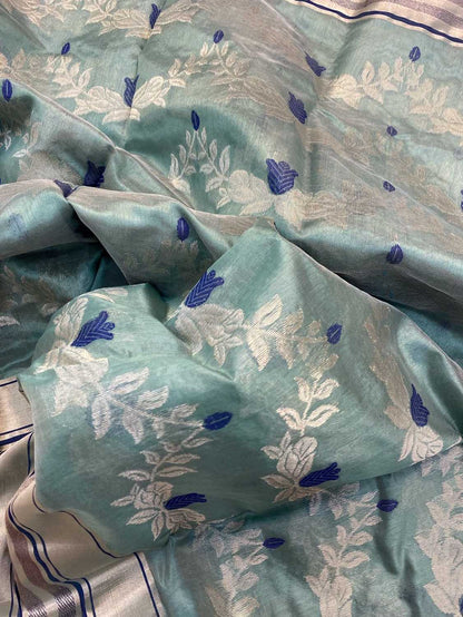 Blue Chanderi Handloom Pure Silk Flower Design Saree - Luxurion World