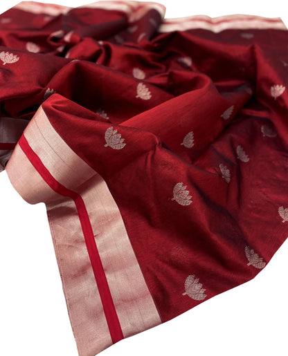 Maroon Chanderi Handloom Pure Silk Flower Design Saree - Luxurion World
