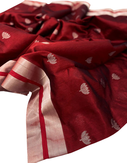 Maroon Chanderi Handloom Pure Silk Flower Design Saree - Luxurion World