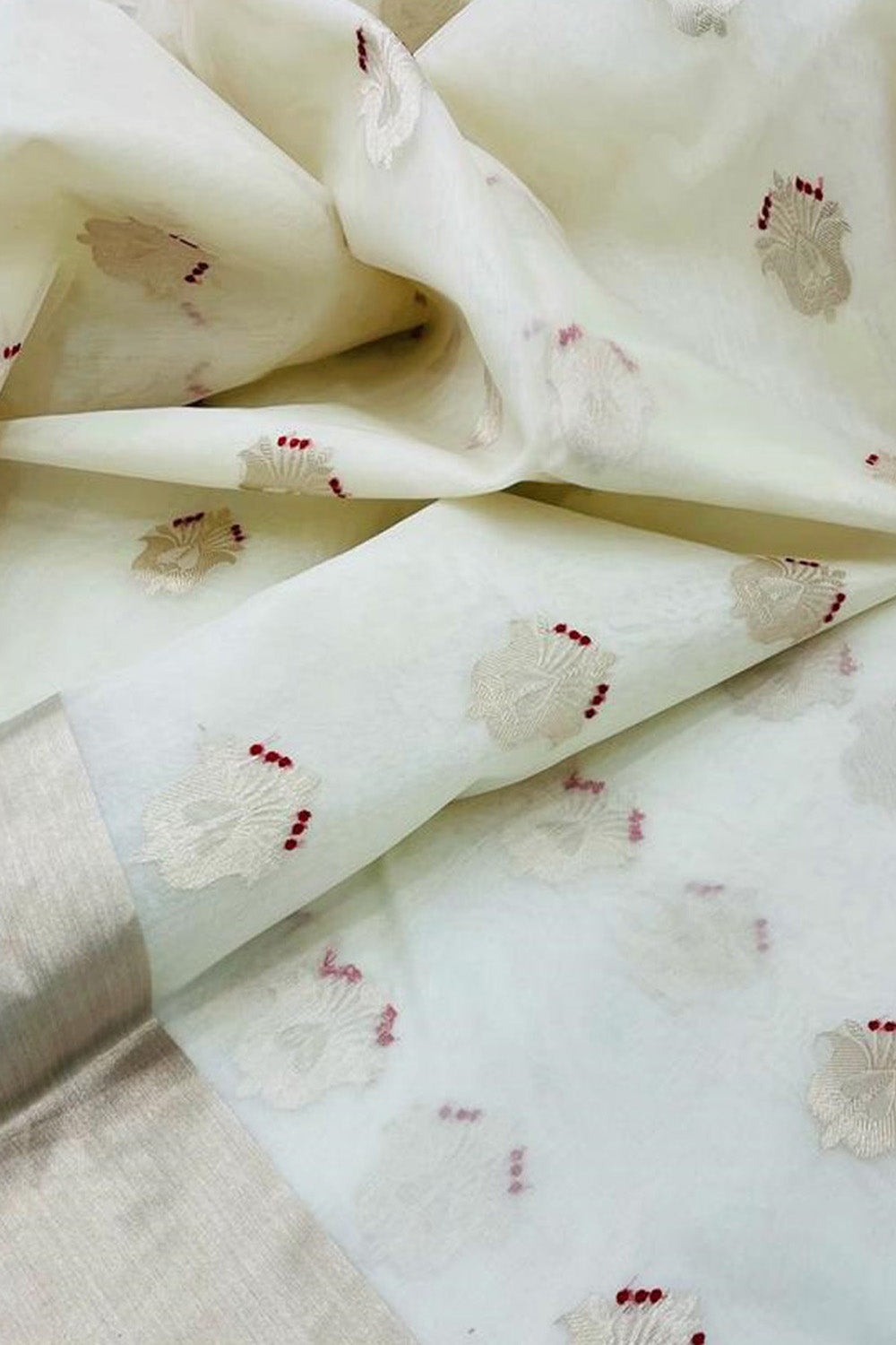 Off White Chanderi Handloom Katan Organza Silk Flower Design Saree - Luxurion World