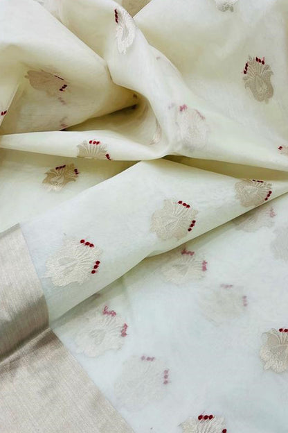 Off White Chanderi Handloom Katan Organza Silk Flower Design Saree - Luxurion World