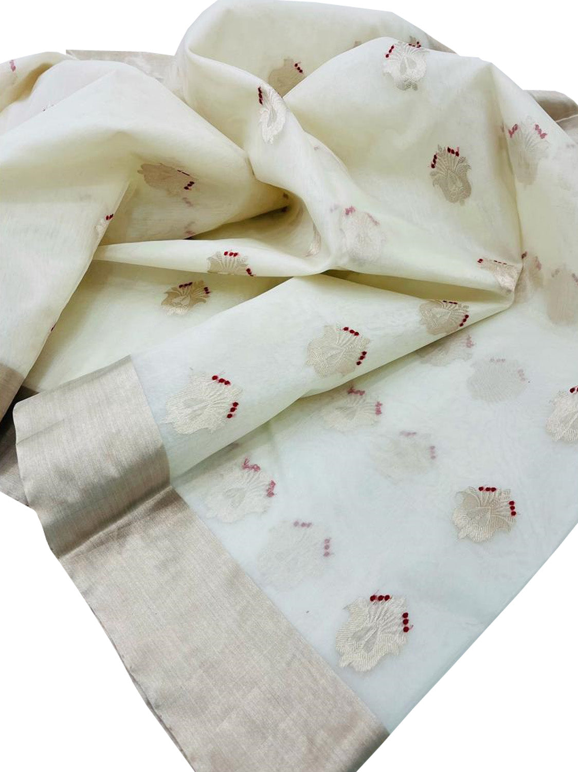 Off White Chanderi Handloom Katan Organza Silk Flower Design Saree - Luxurion World