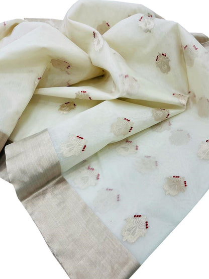 Off White Chanderi Handloom Katan Organza Silk Flower Design Saree - Luxurion World
