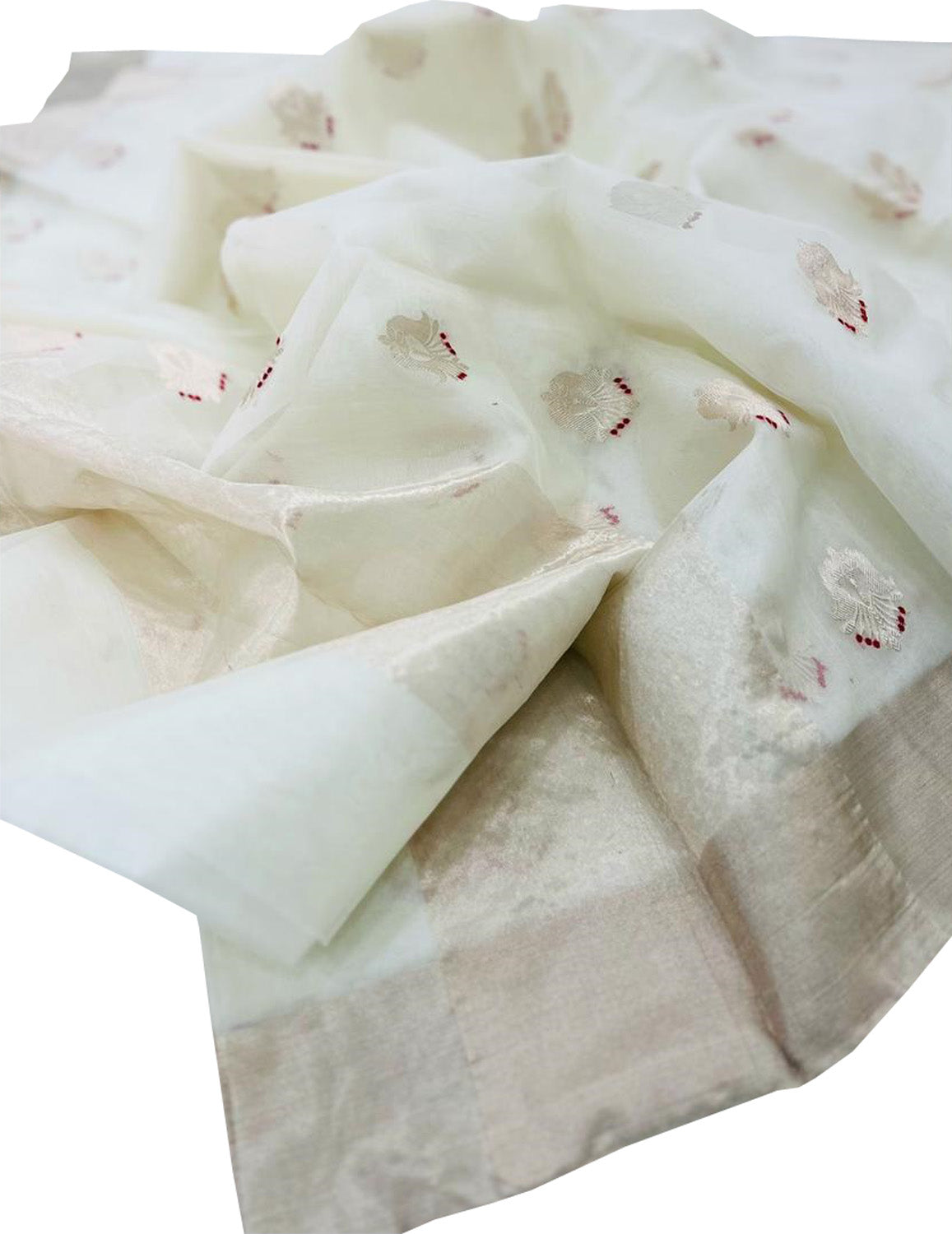 Off White Chanderi Handloom Katan Organza Silk Flower Design Saree - Luxurion World