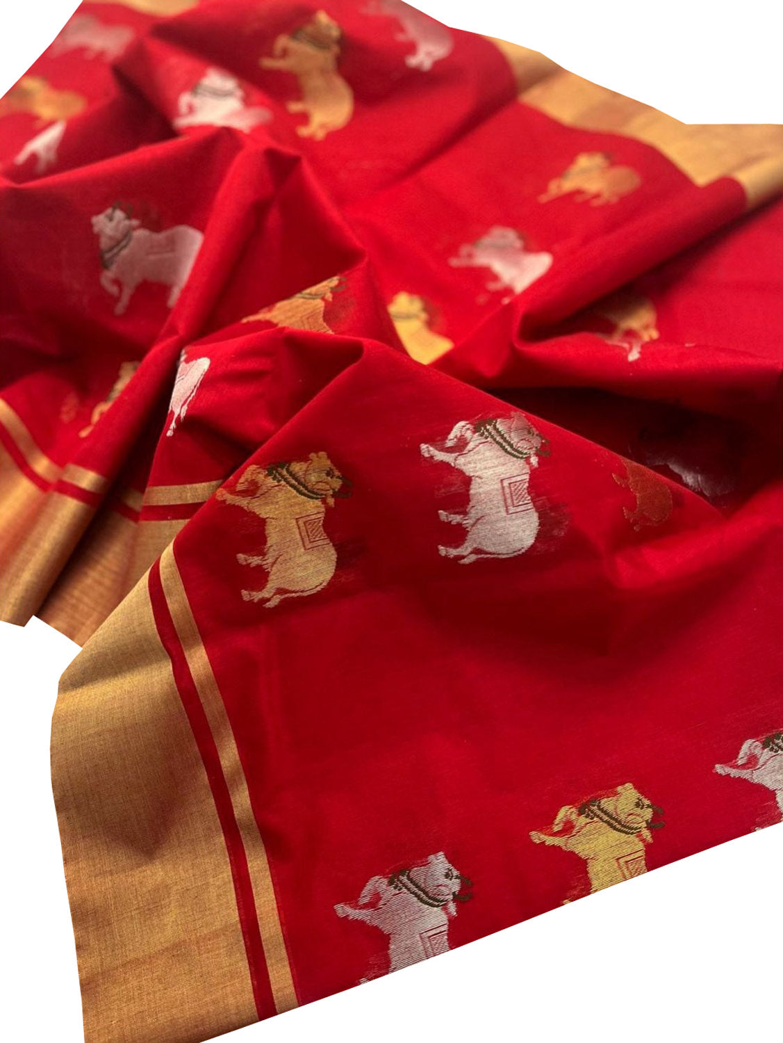 Red Chanderi Handloom Silk Cotton Cow Design Sona Roopa Saree - Luxurion World
