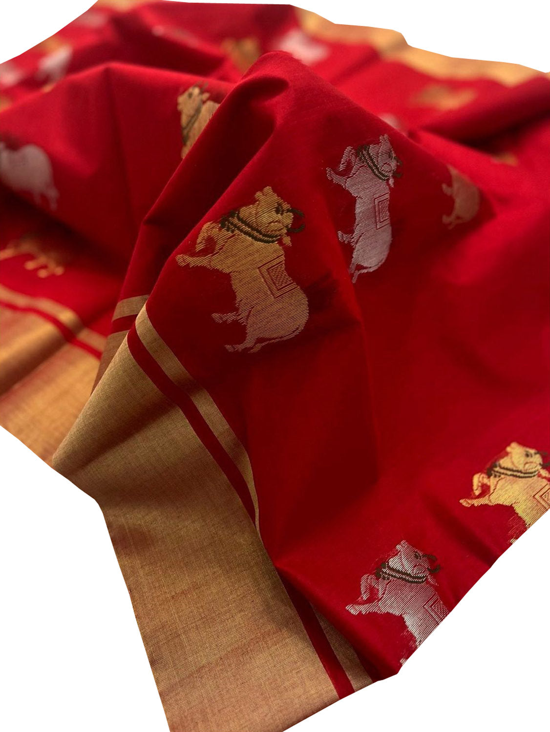 Red Chanderi Handloom Silk Cotton Cow Design Sona Roopa Saree - Luxurion World