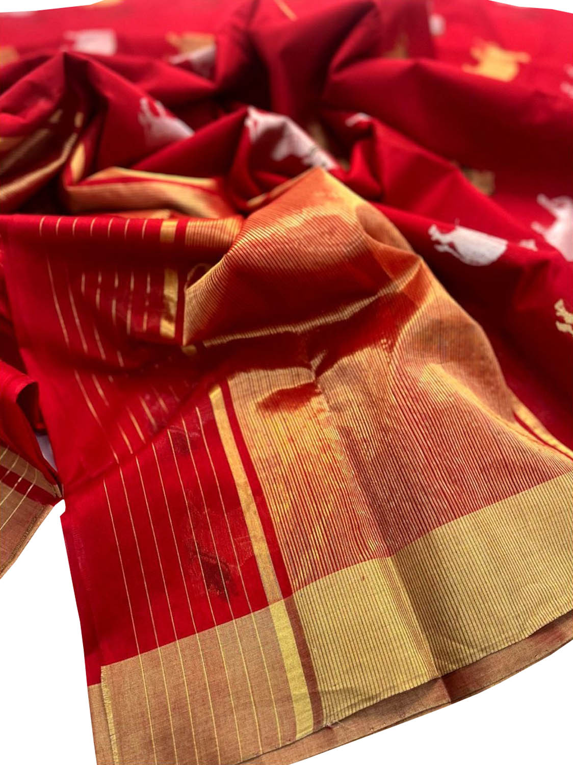 Red Chanderi Handloom Silk Cotton Cow Design Sona Roopa Saree - Luxurion World
