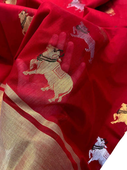 Red Chanderi Handloom Silk Cotton Cow Design Sona Roopa Saree - Luxurion World