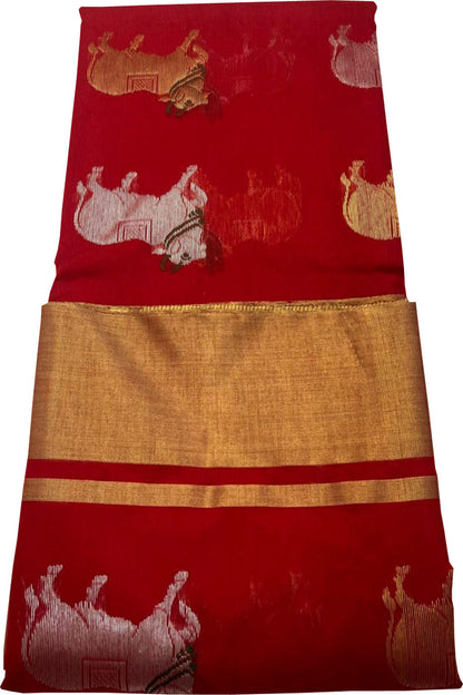 Red Chanderi Handloom Silk Cotton Cow Design Sona Roopa Saree - Luxurion World