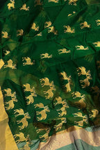 Green Chanderi Handloom Silk Cotton Deer Design Saree - Luxurion World