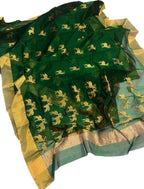Green Chanderi Handloom Silk Cotton Deer Design Saree - Luxurion World