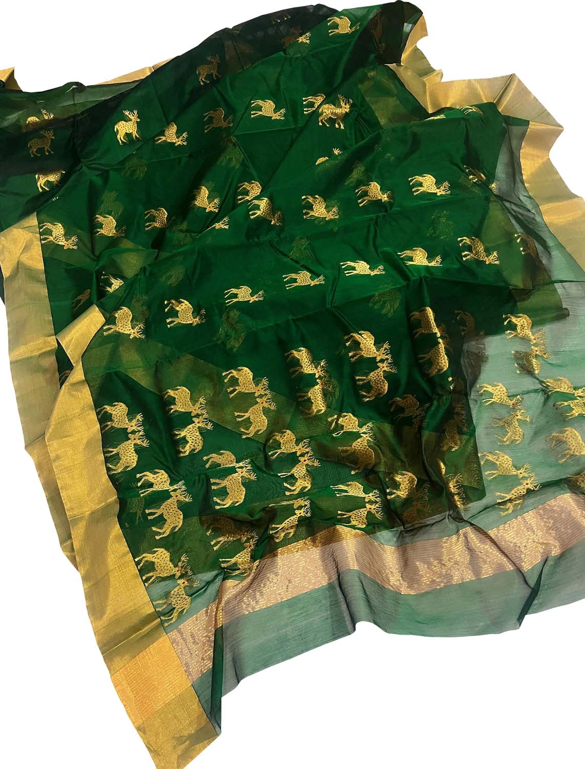Green Chanderi Handloom Silk Cotton Deer Design Saree - Luxurion World